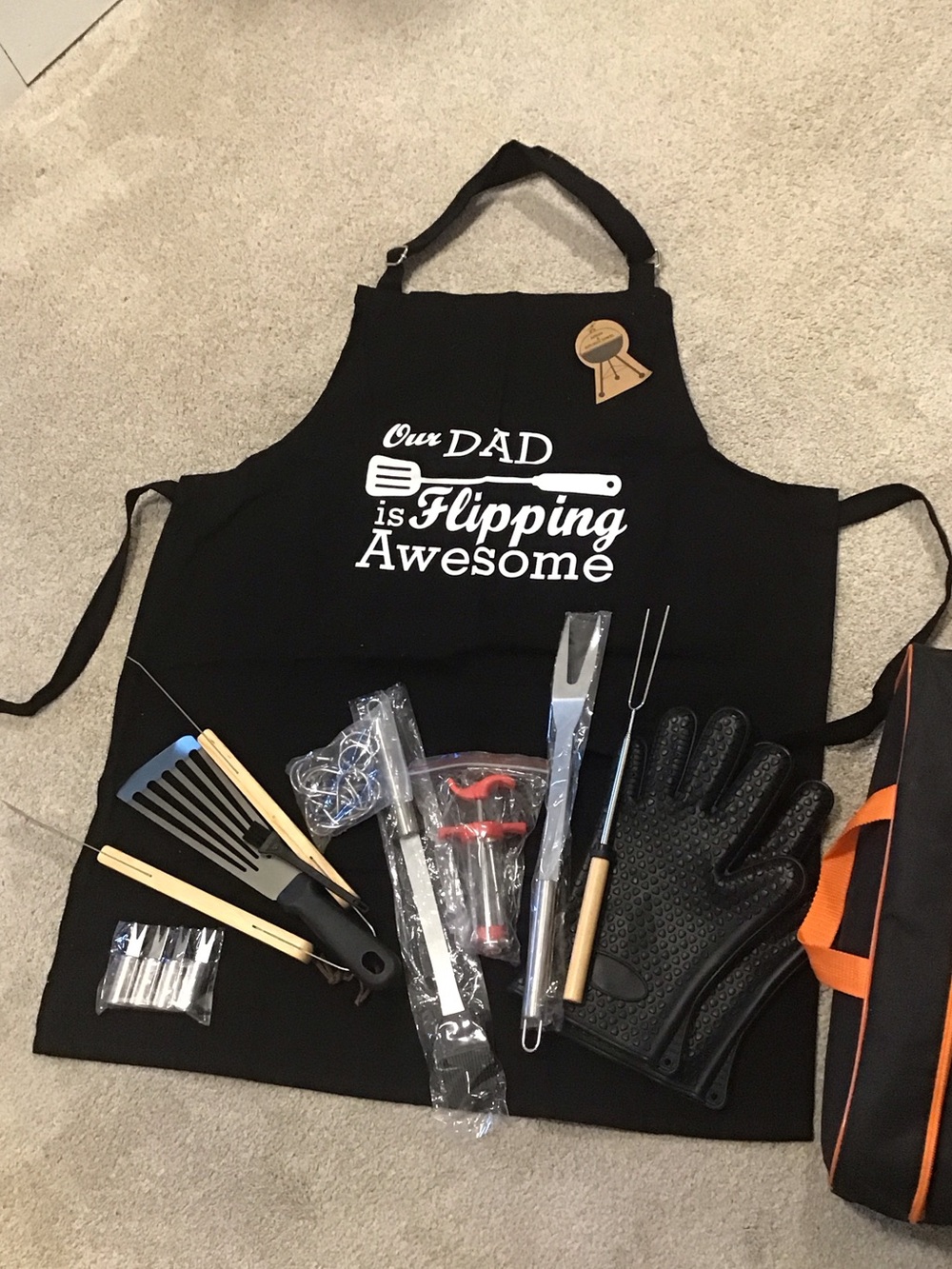 Dad Is Flipping Awesome Black BBQ Apron with Grill Tool Set